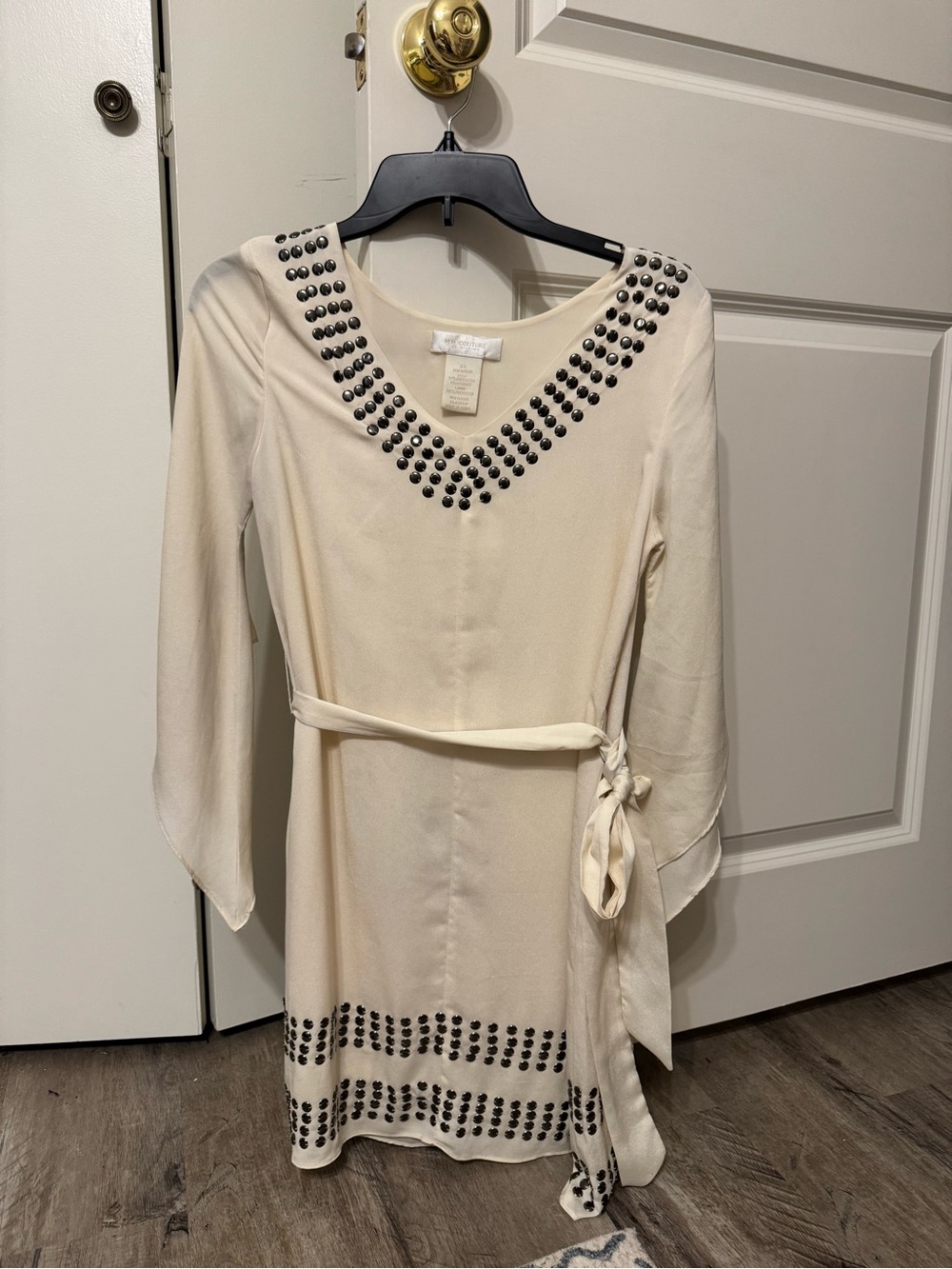 MM Couture Ivory Long Sleeve Studded Wrap Dress